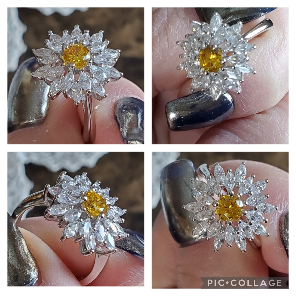 Genuine 5ct Canary and White Sapphire Starburst Ring Size 7 - Picture 5 of 8